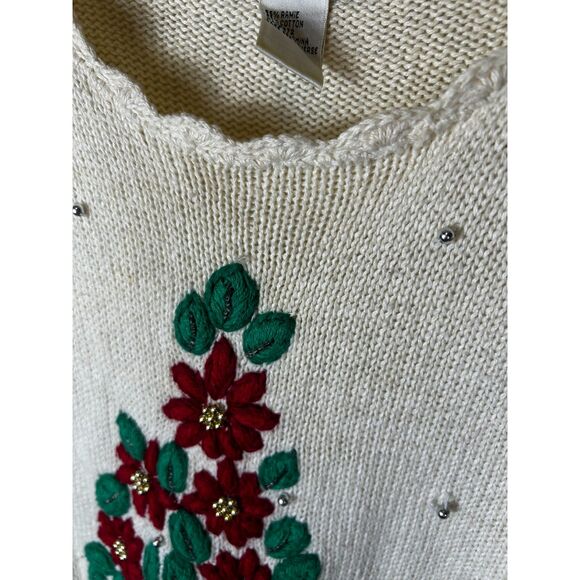 Vintage Work In Progress Ivory Red Floral Christmas Tree 3/4 Sleeve Sweater Sz M - Picture 7 of 13